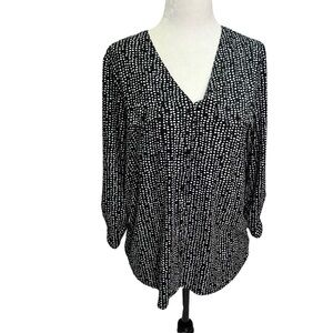 VERVE Ami🖤Black Dot Collarless V-Neck Blouse Top Size M